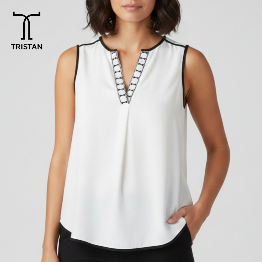 🟣 Sz S Tristan 100% Rayon White Sleeveless Blouse with Black Trim